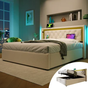 Bed met USB Type-C oplaadfunctie, LED en 2 lades, beige katoenen frame, 160×200 cm (Afmetingen: 208x170x104 cm) Bed met USB Type-C oplaadfunctie, LED en 2 lades, beige katoenen frame, 160×200 cm (Afmetingen: 208x170x104 cm)