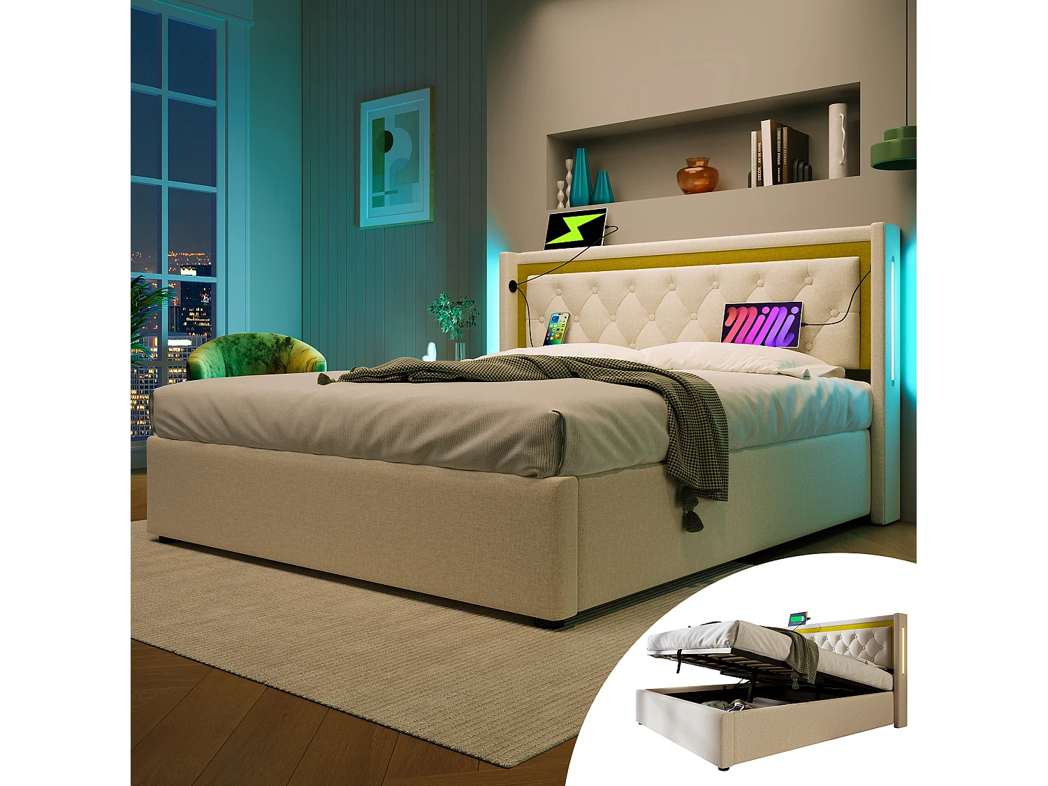Bed met USB Type-C oplaadfunctie, LED en 2 lades, beige katoenen frame, 160x200 cm (Afmetingen: 208x170x104 cm)