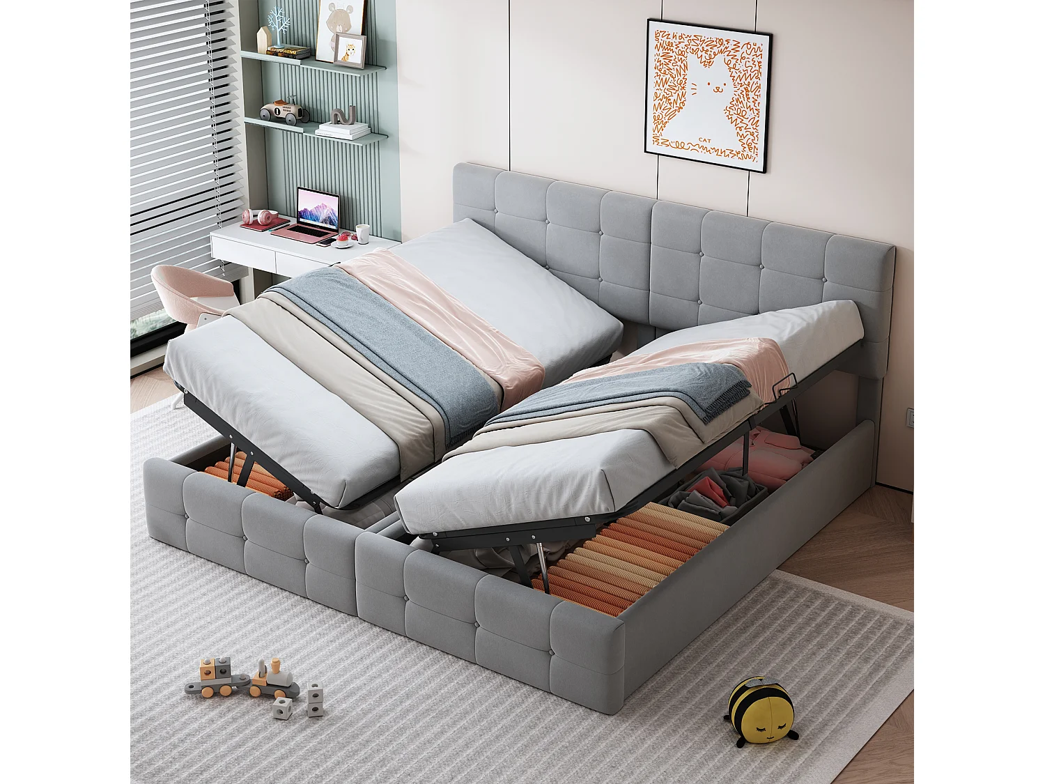 Bed 180x200 cm met hydraulische opbergruimte, Multifunctioneel fluwelen bed, Verstelbaar hoofdeinde, Grijs (203x180x105 cm)