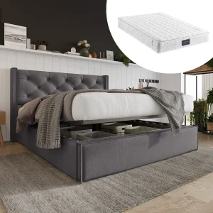 Bed met hydraulische opbergruimte, verstelbaar hoofdeinde, 160×200 cm, in grijs linnen, met houten lattenbodem en matras (Afmetingen: 214,5x153x113 cm)