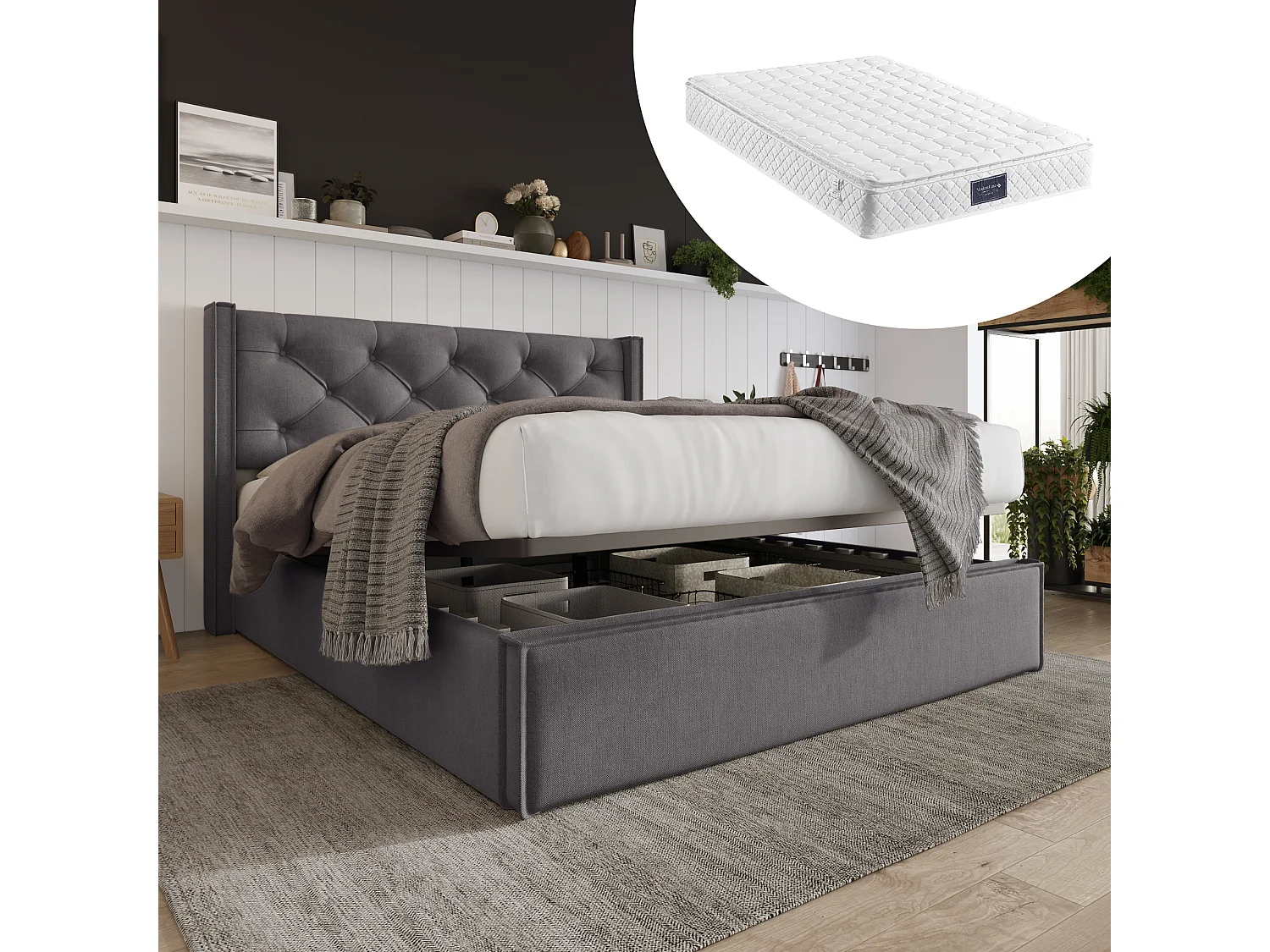 Bed met hydraulische opbergruimte, verstelbaar hoofdeinde, 160x200 cm, in grijs linnen, met houten lattenbodem en matras (Afmetingen: 214,5x153x113 cm)