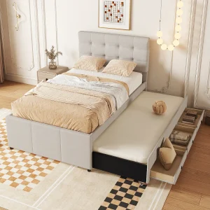 Bed met opberglades, 90x200cm, Familiebed met ladebed, verstelbare hoofdsteun, linnen, beige (200x90x117,5 cm) Bed met opberglades, 90x200cm, Familiebed met ladebed, verstelbare hoofdsteun, linnen, beige (200x90x117,5 cm)
