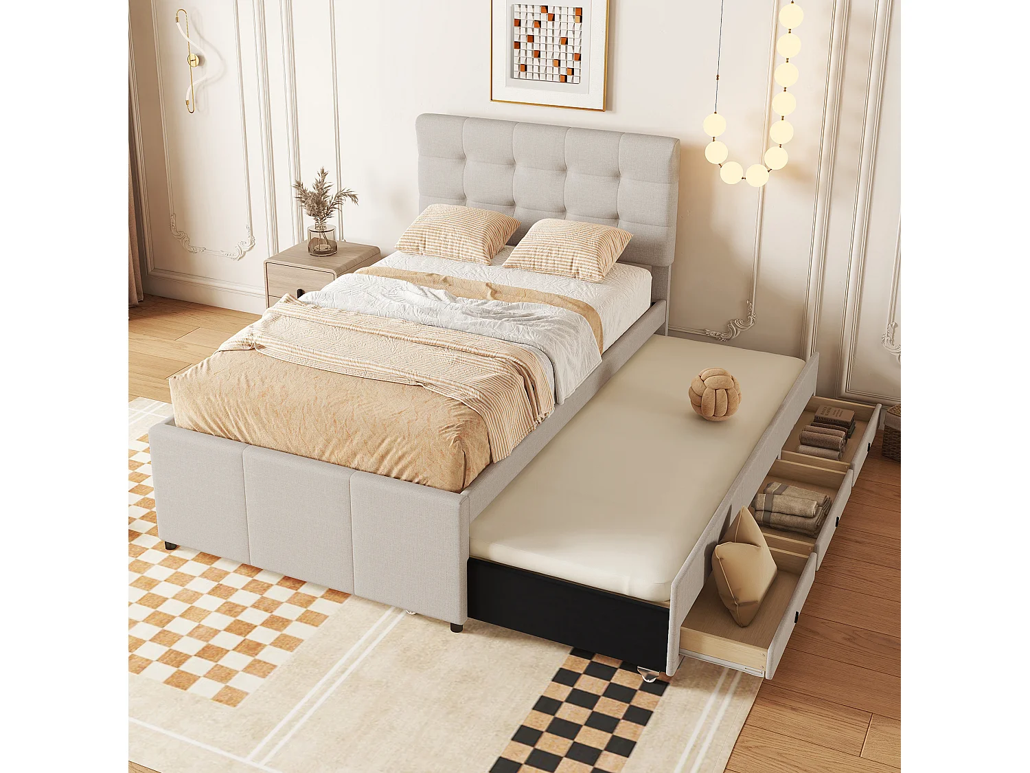 Bed met opberglades, 90x200cm, Familiebed met ladebed, verstelbare hoofdsteun, linnen, beige (200x90x117,5 cm)