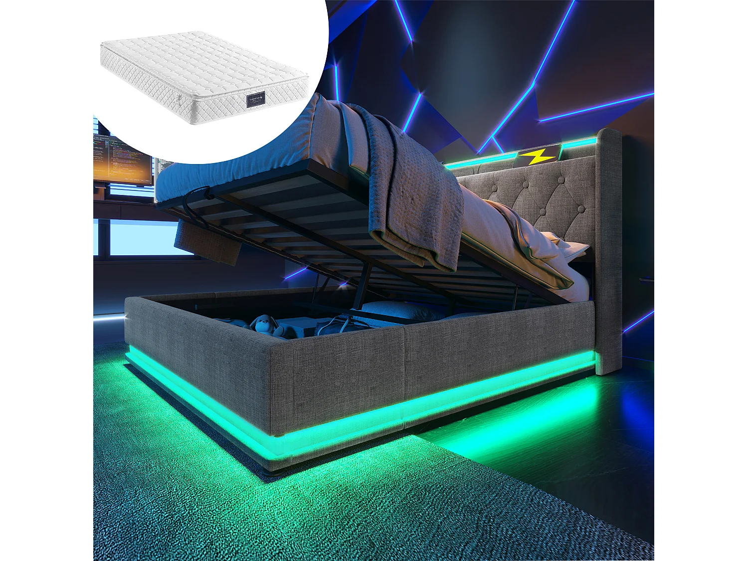 Bed met 360° LED en hydraulische opbergruimte, hoofdeinde met USB Type-C, grijs linnen, 140x200 cm (220x154x104 cm)