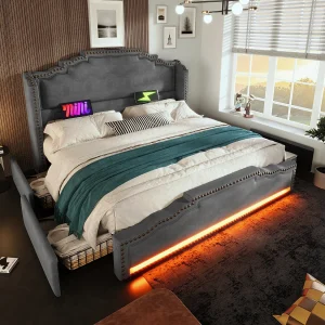 Bed 140×200, met 4 lades, LED en USB-C, Grijs fluweel, Opbergbed met lattenbodem (214x149x120 cm) Bed 140×200, met 4 lades, LED en USB-C, Grijs fluweel, Opbergbed met lattenbodem (214x149x120 cm)