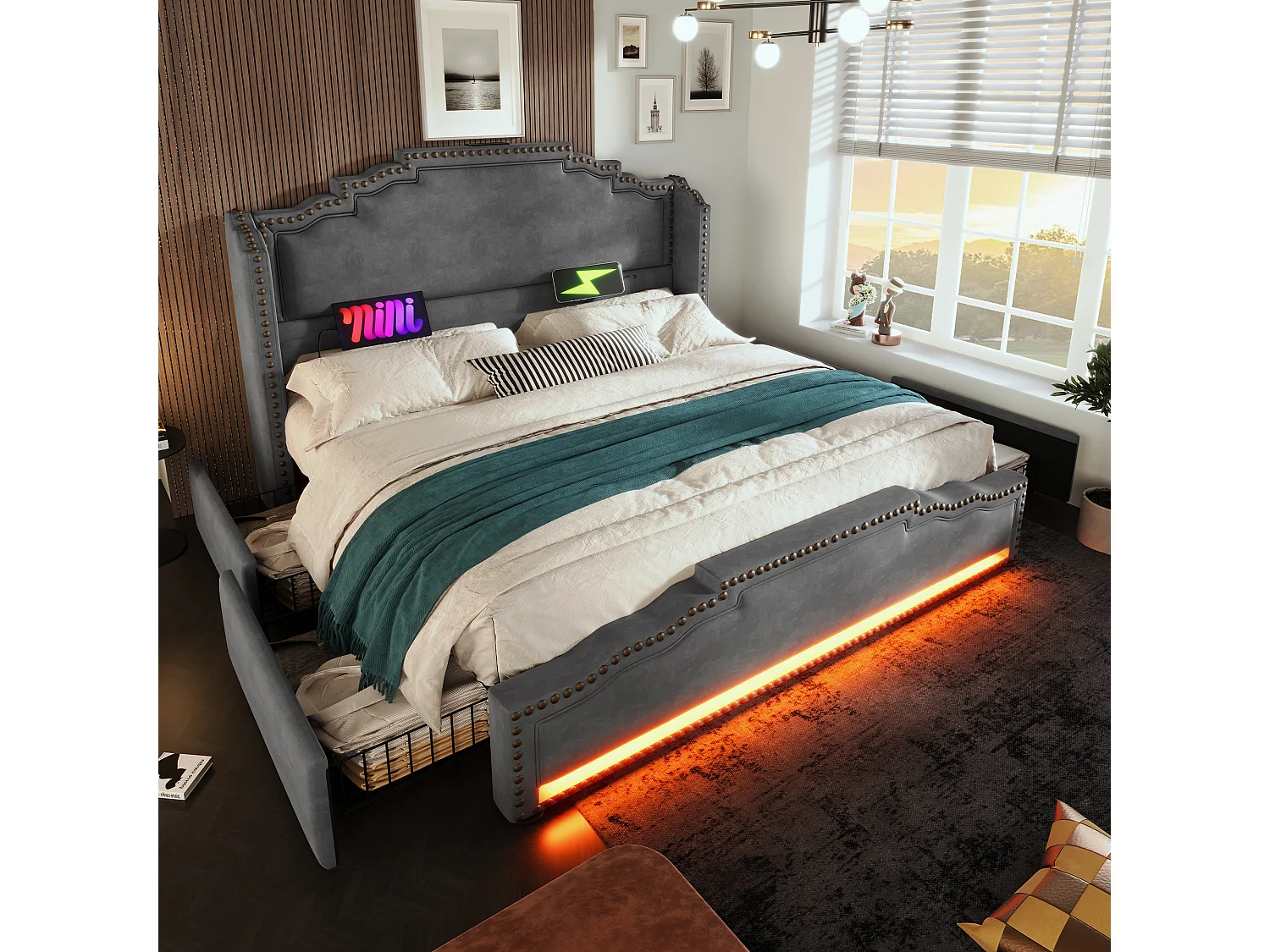 Bed 140x200, met 4 lades, LED en USB-C, Grijs fluweel, Opbergbed met lattenbodem (214x149x120 cm)