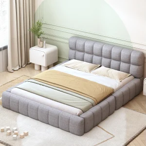 Bed 140x200cm, tweepersoonsbed met gestoffeerde rugleuning, gestoffeerd frame, lattenbodem, grijs linnen (216,5x155x66cm) Bed 140x200cm, tweepersoonsbed met gestoffeerde rugleuning, gestoffeerd frame, lattenbodem, grijs linnen (216,5x155x66cm)