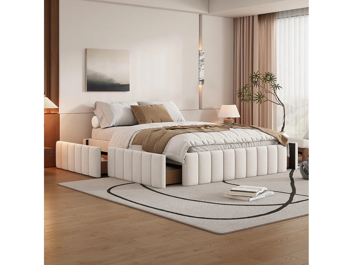 Bed 140x200 cm met frame, minimalistisch design, fluweel, beige, met lattenbodem (218x149x35 cm)