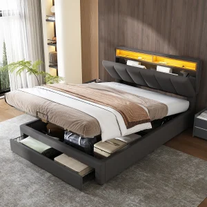 Bed met LED, hydraulisch, met opbergruimte en hoofdeinde, in linnen, grijs (140x200x)