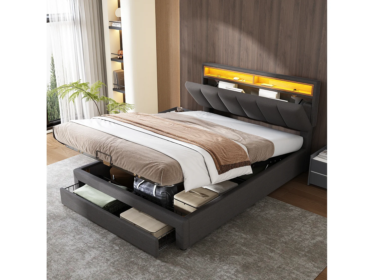 Bed met LED, hydraulisch, met opbergruimte en hoofdeinde, in linnen, grijs (140x200x)