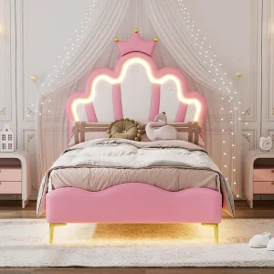 Bed 90×200 cm, Prinsessenbed met LED-verlichting, decoratieve kroon, PU, roze (203x90x129 cm) Bed 90×200 cm, Prinsessenbed met LED-verlichting, decoratieve kroon, PU, roze (203x90x129 cm)