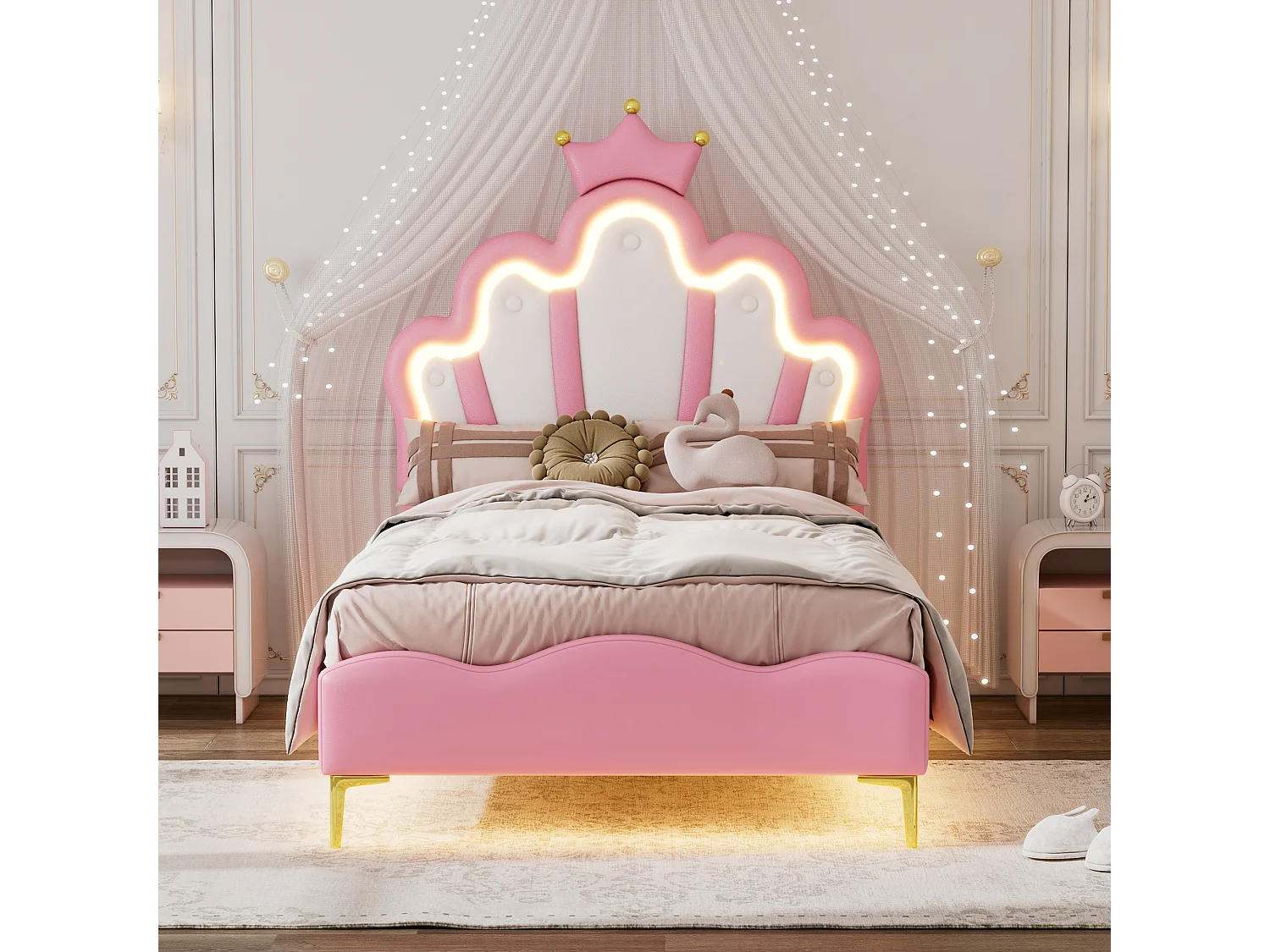 Bed 90x200 cm, Prinsessenbed met LED-verlichting, decoratieve kroon, PU, roze (203x90x129 cm)