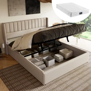 Bed met hydraulische opbergruimte, verstelbaar hoofdeinde, 140×200 cm, in beige linnen, met houten lattenbodem (Afmetingen: 214,5x153x113 cm)