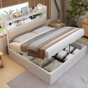 Bed 180×200 cm met hydraulische opbergruimte, LED- en USB-aansluiting, hoofdeinde met planken, vintage hout- en metaaldesign (218,5x184x112 cm)