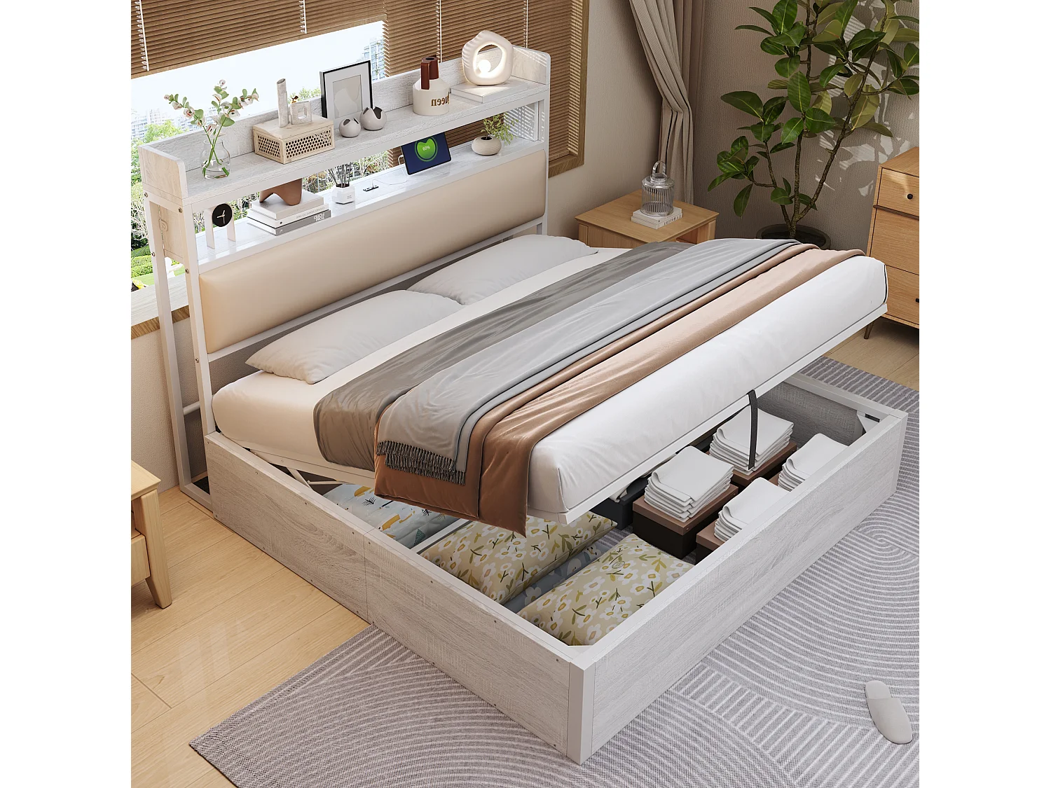 Bed 180x200 cm met hydraulische opbergruimte, LED- en USB-aansluiting, hoofdeinde met planken, vintage hout- en metaaldesign (218,5x184x112 cm)