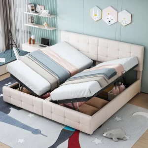 Bed 180×200 cm met hydraulische opbergruimte, Multifunctioneel fluwelen bed, Beige (203x180x105 cm)