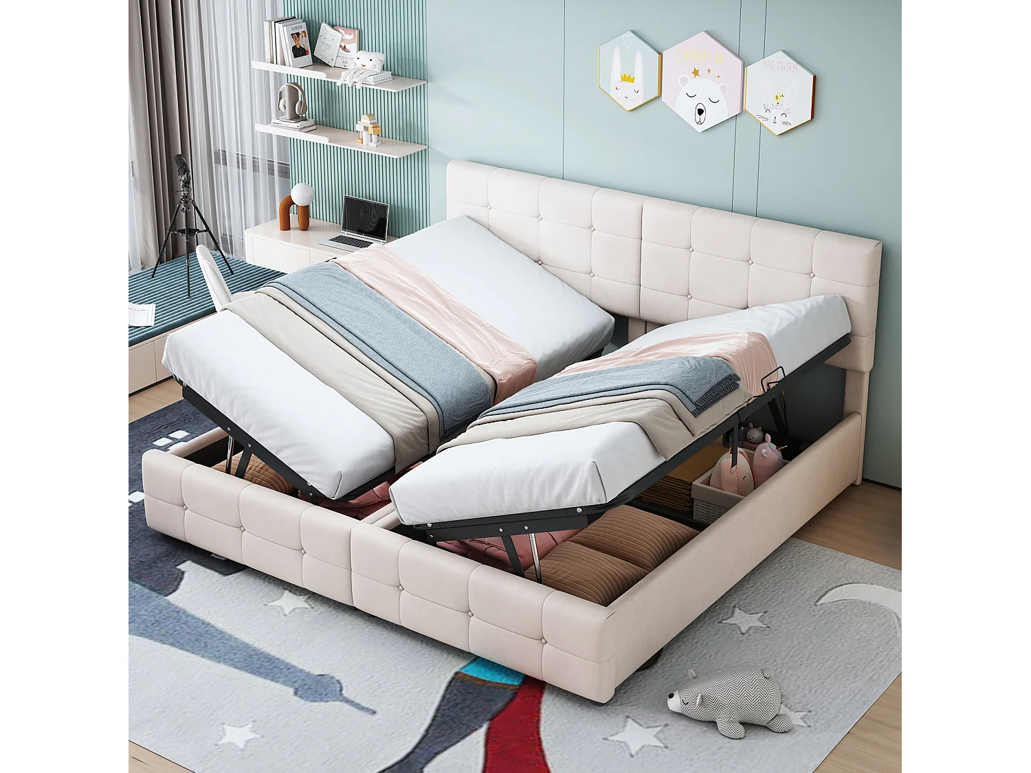 Bed 180x200 cm met hydraulische opbergruimte, Multifunctioneel fluwelen bed, Beige (203x180x105 cm)