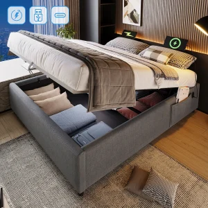Bed 140×200 cm, Opbergbed met USB-C-aansluitingen en complete lattenbodem, Zonder hoofdbord, Katoen, Grijs (141x202x29 cm) Bed 140×200 cm, Opbergbed met USB-C-aansluitingen en complete lattenbodem, Zonder hoofdbord, Katoen, Grijs (141x202x29 cm)