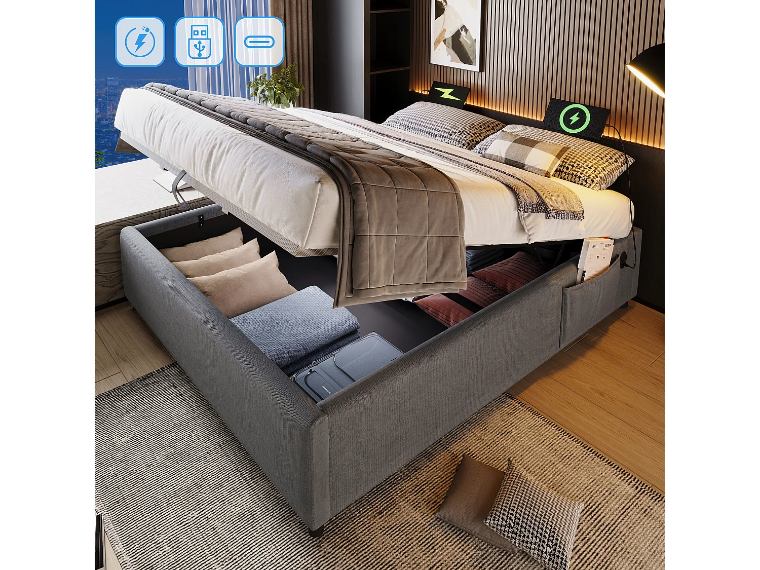 Bed 140x200 cm, Opbergbed met USB-C-aansluitingen en complete lattenbodem, Zonder hoofdbord, Katoen, Grijs (141x202x29 cm)