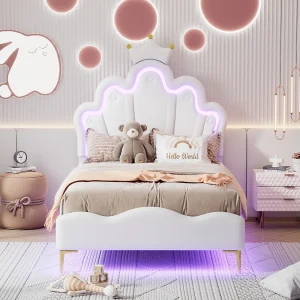 Bed 90×200 cm, Prinsessenbed met kroon, PU, Verstelbare LED-verlichting, Wit (203x90x129 cm) Bed 90×200 cm, Prinsessenbed met kroon, PU, Verstelbare LED-verlichting, Wit (203x90x129 cm)