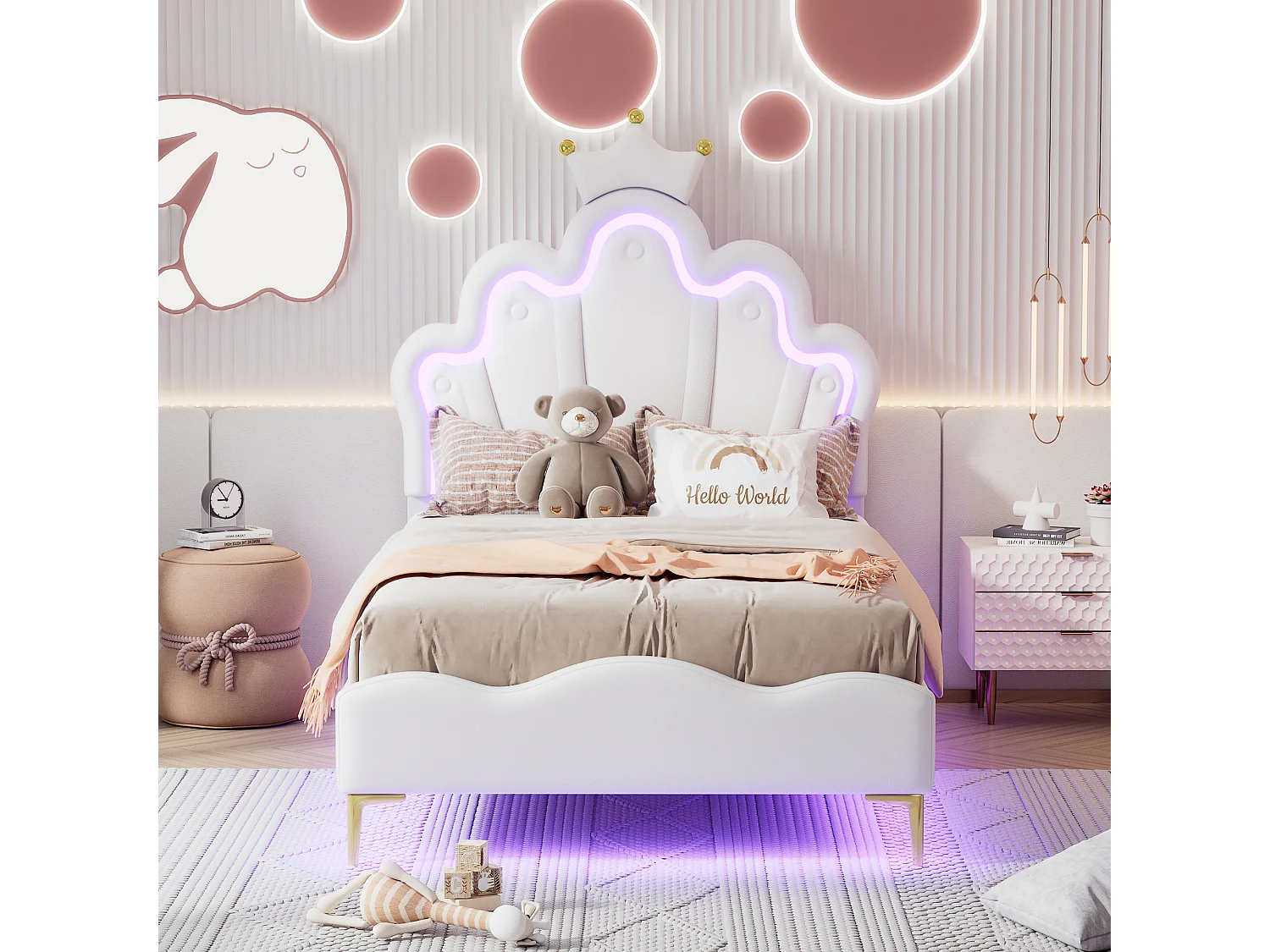 Bed 90x200 cm, Prinsessenbed met kroon, PU, Verstelbare LED-verlichting, Wit (203x90x129 cm)