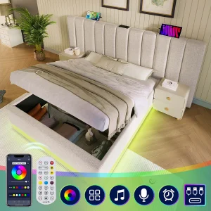 Bed 180×200, bed met opbergruimte, LED en USB-C-lader, PU, beige (268x211x112 cm)