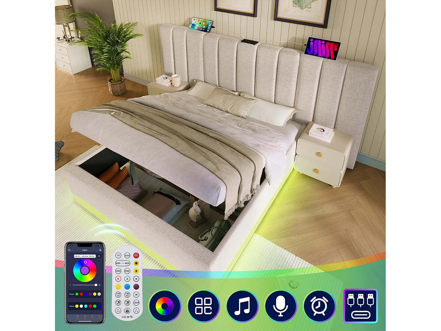 Bed 180×200, bed met opbergruimte, LED en USB-C-lader, PU, beige (268x211x112 cm)