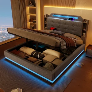 Bed met opbergruimte, 140×200 cm, met ledverlichting, hydraulisch, diverse legplanken en USB + Type-C-aansluitingen, linnen, grijs (216x141x115 cm) Bed met opbergruimte, 140×200 cm, met ledverlichting, hydraulisch, diverse legplanken en USB + Type-C-aansluitingen, linnen, grijs (216x141x115 cm)