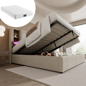 Bed met hydraulische opbergruimte en draadloos opladen, hoofdeinde met USB Type-C, natuurlijk linnen, 140×200 cm (206x145x100,5 cm) Bed met hydraulische opbergruimte en draadloos opladen, hoofdeinde met USB Type-C, natuurlijk linnen, 140×200 cm (206x145x100,5 cm)
