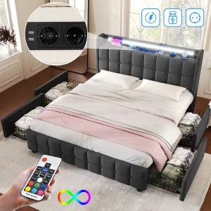Bed met USB en LED, verstelbaar hoofdeinde, 180×200 cm, grijs, opbergbed met 4 lades en houten frame (220×184,5×103,5 cm) Bed met USB en LED, verstelbaar hoofdeinde, 180×200 cm, grijs, opbergbed met 4 lades en houten frame (220×184,5×103,5 cm)