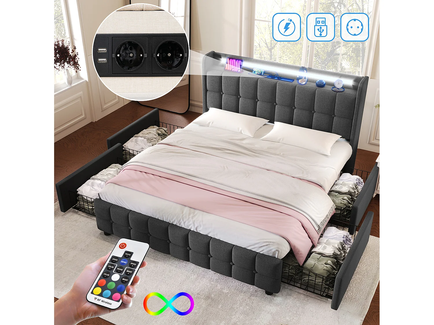 Bed met USB en LED, verstelbaar hoofdeinde, 180x200 cm, grijs, opbergbed met 4 lades en houten frame (220x184,5x103,5 cm)