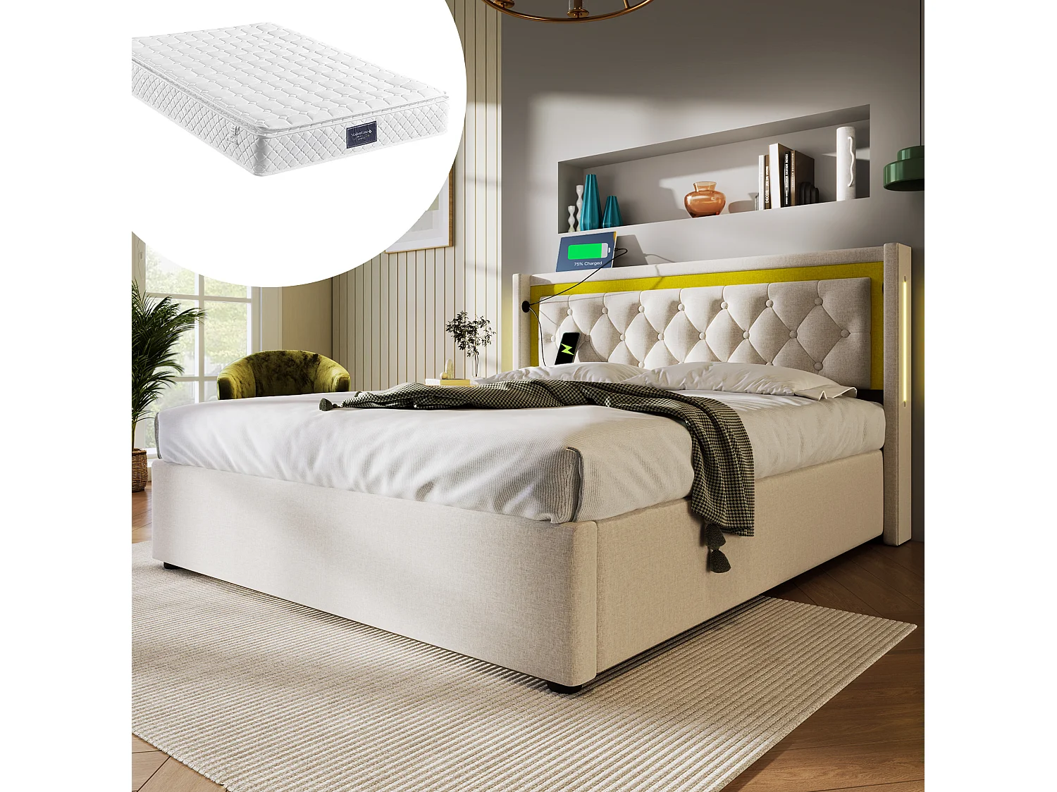 Bed met USB Type-C oplaadfunctie, LED-verlichting, hoofdeinde met opbergruimte, beige katoenen stof, 160x200 cm (Afmetingen: 208x170x104 cm)