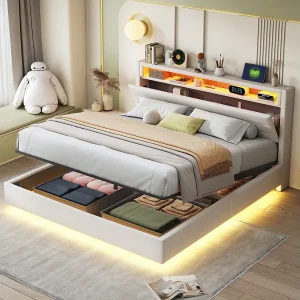 Bed met verstelbaar hoofdeinde 160×200 cm, hydraulisch zwevend frame met opbergruimte, USB en LED, beige stof (214x161x110 cm)