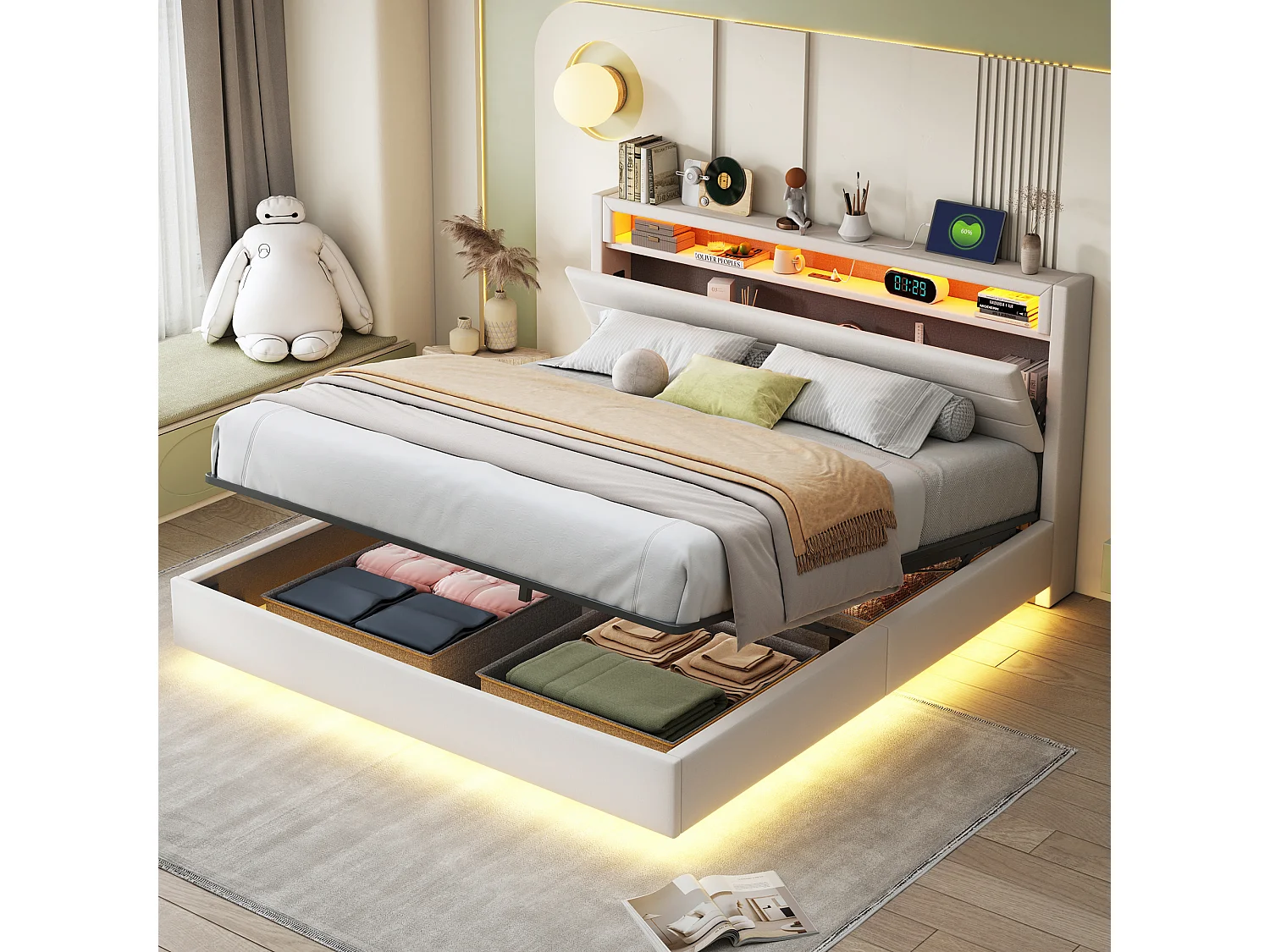 Bed met verstelbaar hoofdeinde 160x200 cm, hydraulisch zwevend frame met opbergruimte, USB en LED, beige stof (214x161x110 cm)