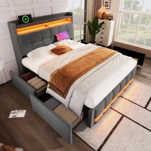 Bed 140 x 200 cm met LED en USB, hoofdbord met opbergruimte en 4 lades, grijze linnen stof (221 x 150 x 115 cm)