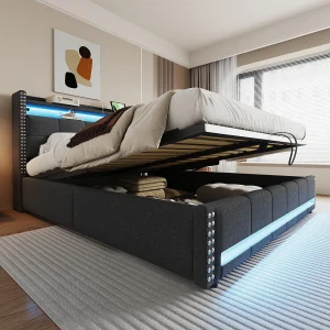 Bed 180×200 cm met LED- en USB-aansluiting, hoofdeinde met planken en opbergruimte, hydraulisch systeem voor opbergruimte, grijs linnen (224x191x115 cm)