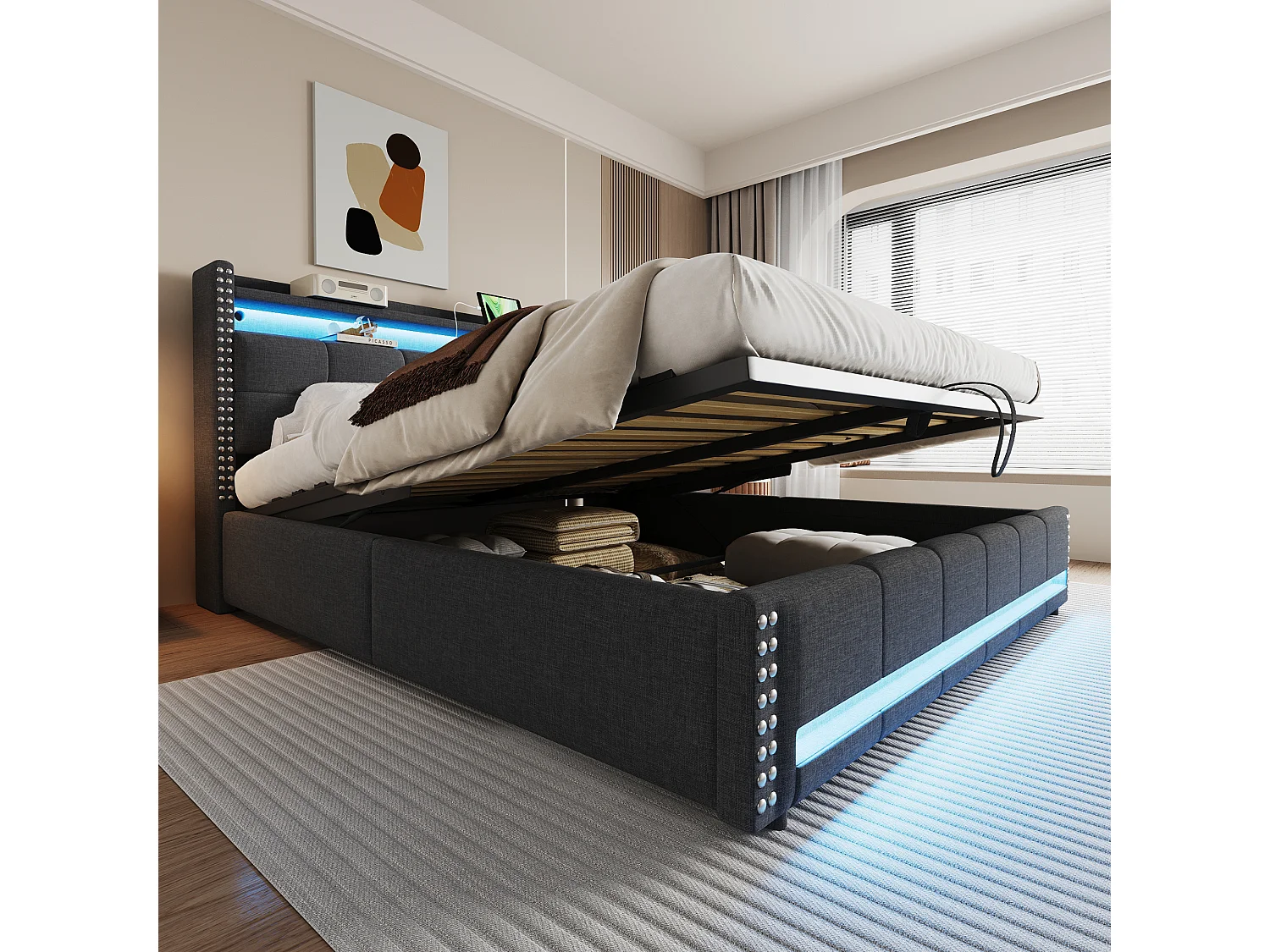 Bed 180x200 cm met LED- en USB-aansluiting, hoofdeinde met planken en opbergruimte, hydraulisch systeem voor opbergruimte, grijs linnen (224x191x115 cm)