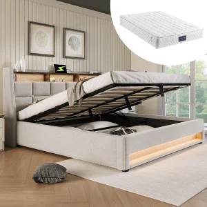 Bed met LED, USB, 140×200 cm, linnen frame met metalen onderstel, tweepersoonsbed, beige (Afmetingen: 145x210x117 cm)