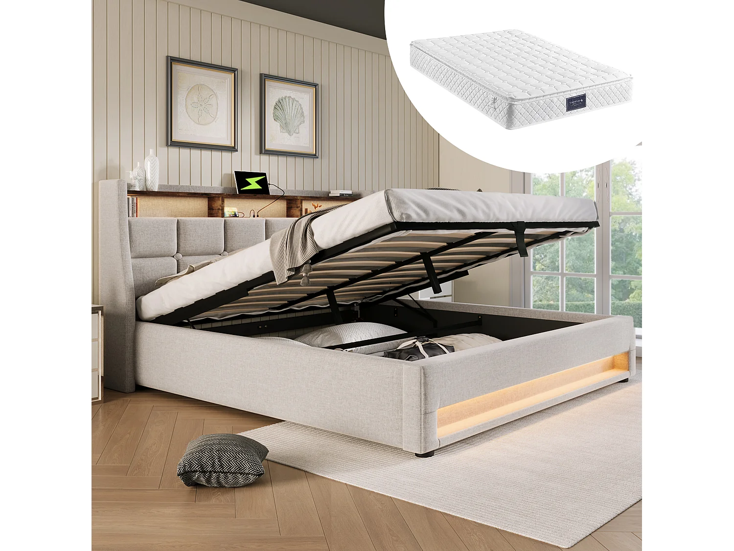 Bed met LED, USB, 140x200 cm, linnen frame met metalen onderstel, tweepersoonsbed, beige (Afmetingen: 145x210x117 cm)