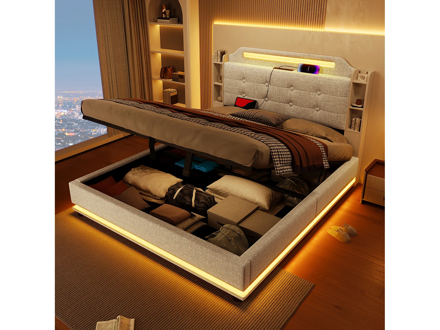 Bed met LED-verlichting, 140x200 cm, met hydraulische opbergruimte en meerdere legplanken, Linnen, Beige (216x141x115 cm)