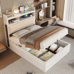 Bed 90×200 met hydrauliek, USB, gestoffeerd hoofdeinde, retro hout- en metaaldesign, verborgen opbergruimte, wit (218,5×97,5×112 cm) Bed 90×200 met hydrauliek, USB, gestoffeerd hoofdeinde, retro hout- en metaaldesign, verborgen opbergruimte, wit (218,5×97,5×112 cm)