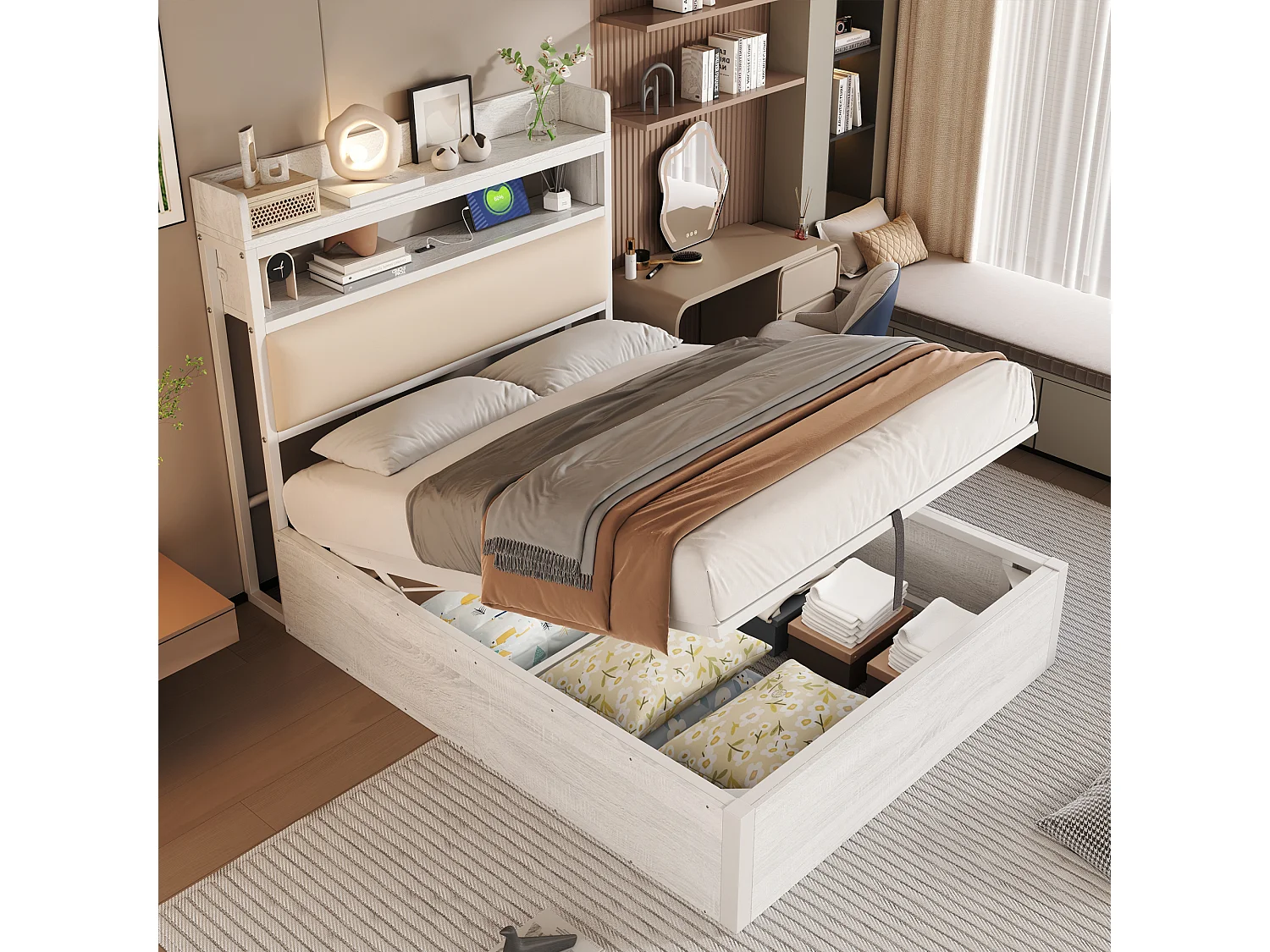 Bed 90x200 met hydrauliek, USB, gestoffeerd hoofdeinde, retro hout- en metaaldesign, verborgen opbergruimte, wit (218,5x97,5x112 cm)