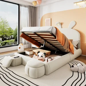 Beige fluwelen gestoffeerd bed, 140×200 cm, konijnenoordesign, met verstelbare LED-verlichting en opbergruimte, inclusief 2 krukken (238x154x135 cm) Beige fluwelen gestoffeerd bed, 140×200 cm, konijnenoordesign, met verstelbare LED-verlichting en opbergruimte, inclusief 2 krukken (238x154x135 cm)