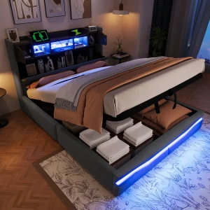 Bed met lade en LED, 140 x 200 cm, modern design, linnen + MDF, grijs, afstandsbediening voor sfeerverlichting (222 x 166 x 111 cm) Bed met lade en LED, 140 x 200 cm, modern design, linnen + MDF, grijs, afstandsbediening voor sfeerverlichting (222 x 166 x 111 cm)