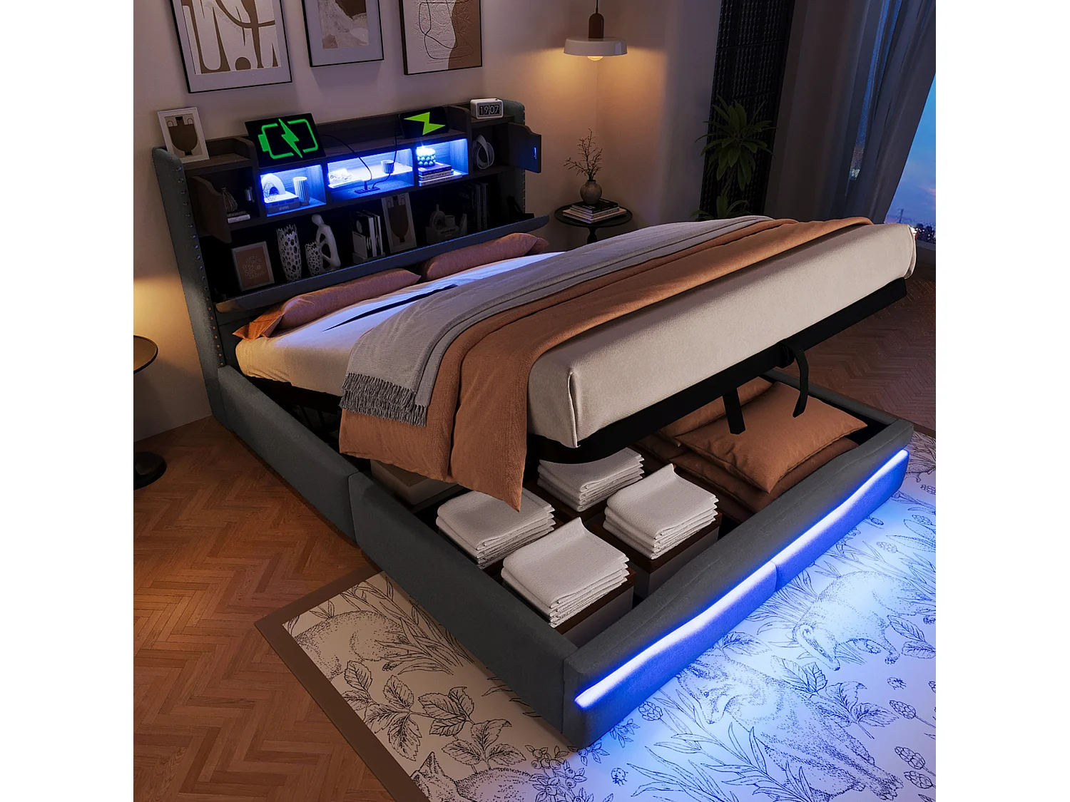 Bed met lade en LED, 140 x 200 cm, modern design, linnen + MDF, grijs, afstandsbediening voor sfeerverlichting (222 x 166 x 111 cm)