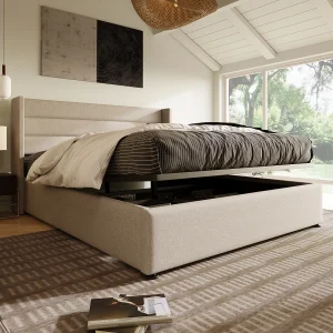 Bed met hydraulische opbergruimte, gestoffeerd bed 140×200 cm, verstelbaar hoofdeinde, beige linnen (afmetingen: 214,5×153,5×114 cm)