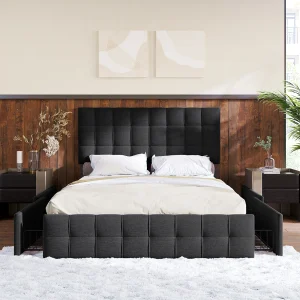 Bed met 4 opberglades, tweepersoonsbed met lattenbodem, modern design met verstelbaar hoofdeinde, linnen stof, zwart (140×200 cm) Bed met 4 opberglades, tweepersoonsbed met lattenbodem, modern design met verstelbaar hoofdeinde, linnen stof, zwart (140×200 cm)
