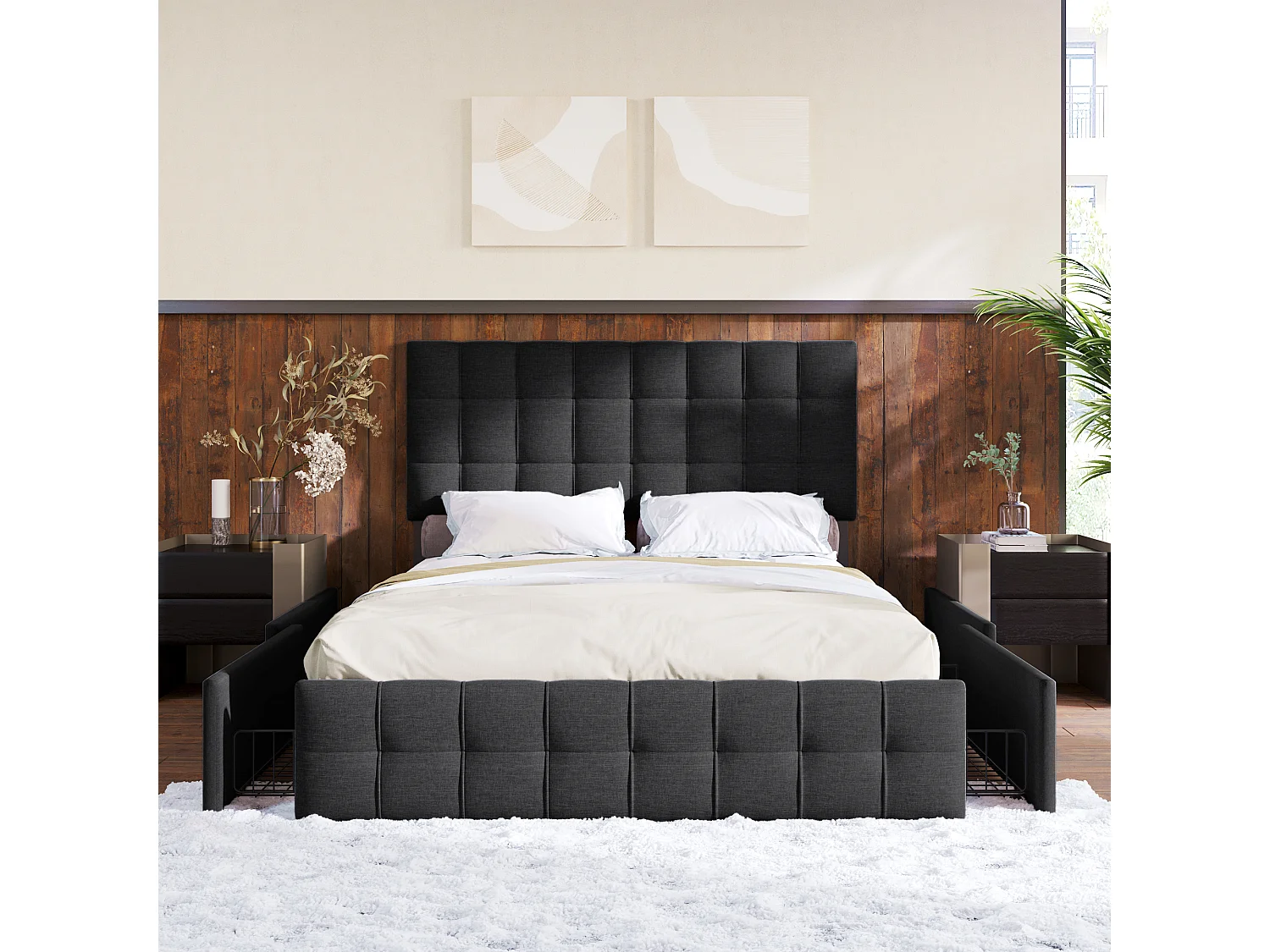 Bed met 4 opberglades, tweepersoonsbed met lattenbodem, modern design met verstelbaar hoofdeinde, linnen stof, zwart (140x200 cm)