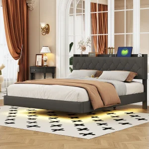 Bed van 160x200cm met USB en multi-color LED-strip, tweepersoonsbed in grijs linnen met lattenbodem (203x164x100cm) Bed van 160x200cm met USB en multi-color LED-strip, tweepersoonsbed in grijs linnen met lattenbodem (203x164x100cm)