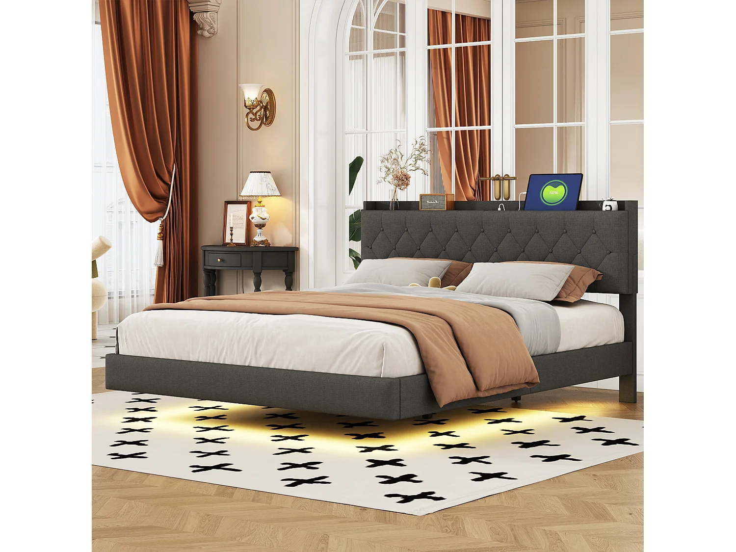 Bed van 160x200cm met USB en multi-color LED-strip, tweepersoonsbed in grijs linnen met lattenbodem (203x164x100cm)